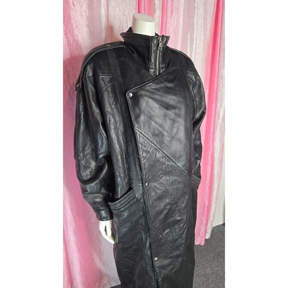 Midway Vintage Leather Collection Black Long Trench Coat Size Large Men's - Picture 6 of 16